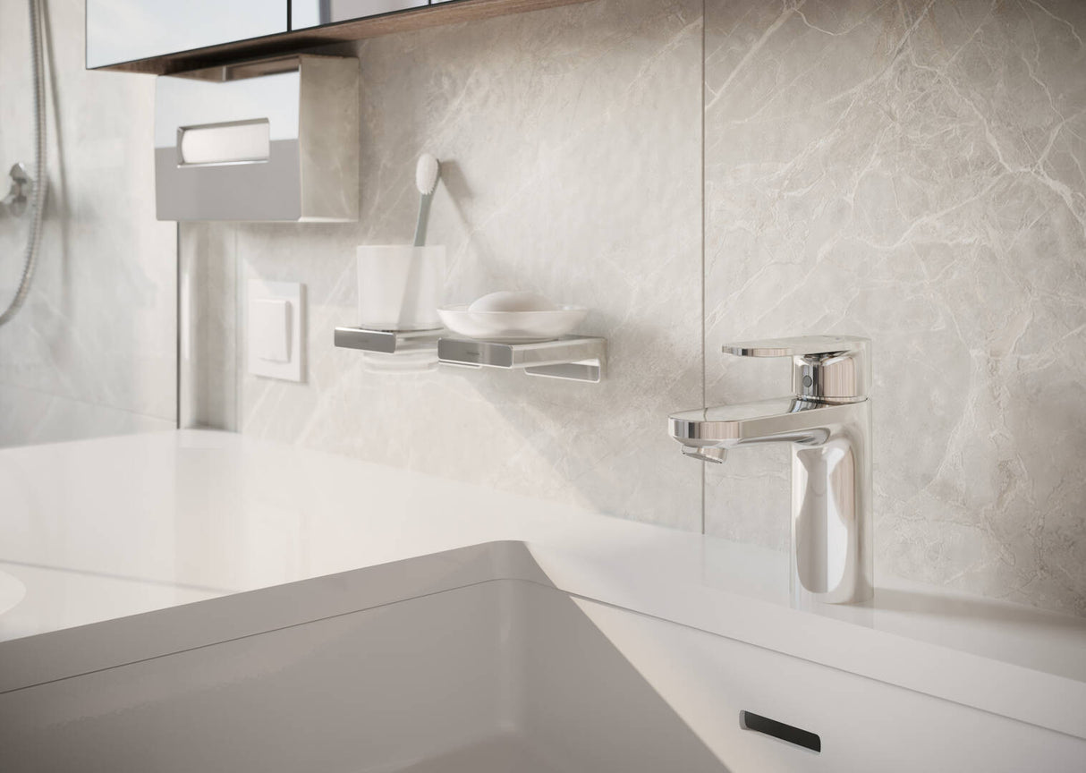 Mitigeur de lavabo Hansgrohe, type robinet, couleur chromé, installé sur vasque moderne