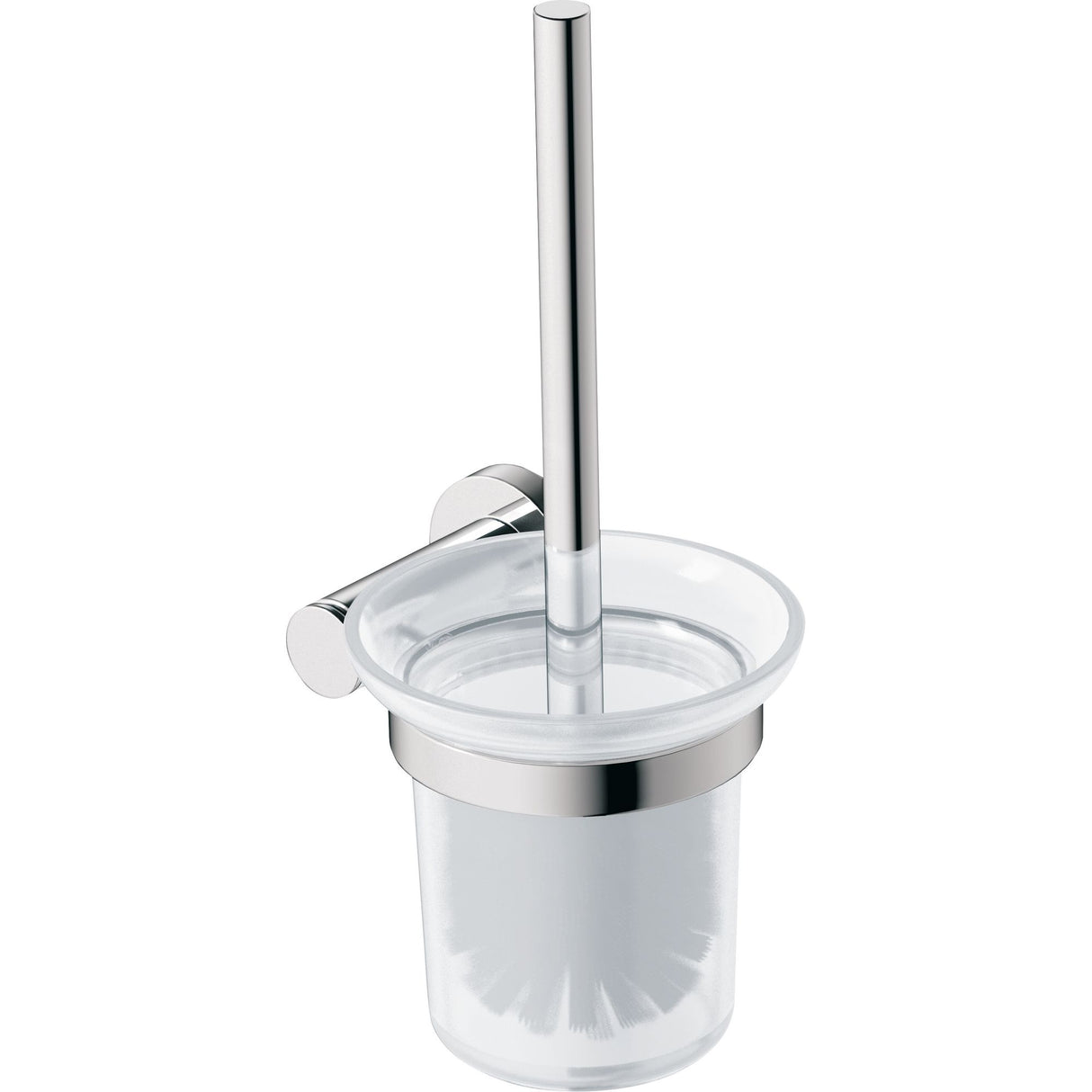 Brosse WC murale Grohe, porte-brosse chromé, verre et métal argenté.