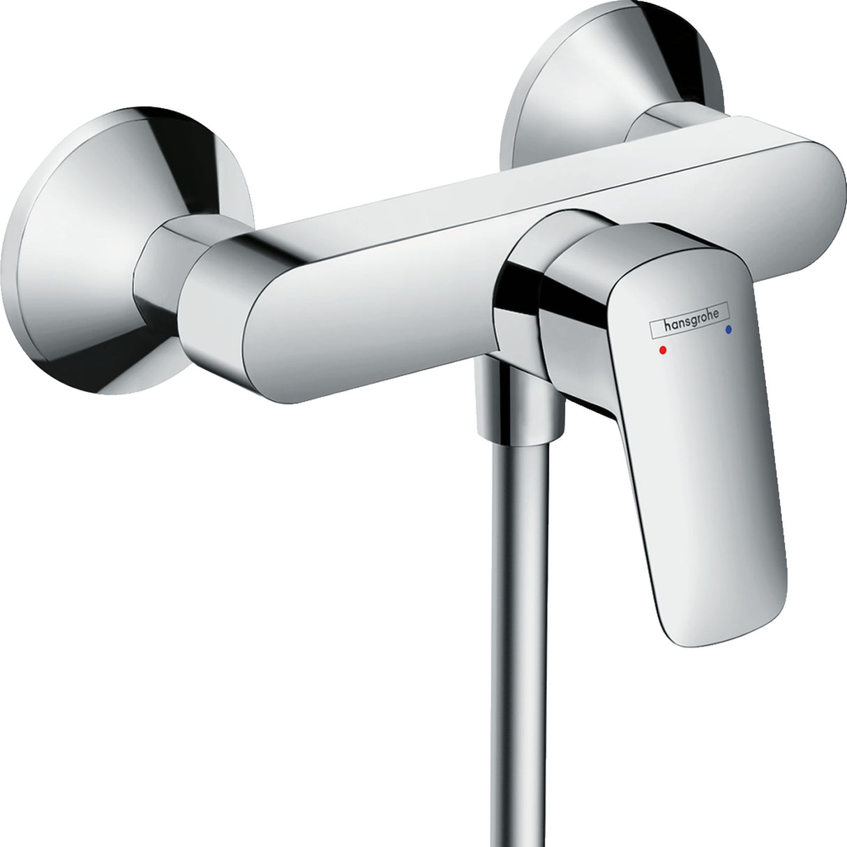 Mitigeur douche chromé Hansgrohe, robinet mural moderne couleur argentée.