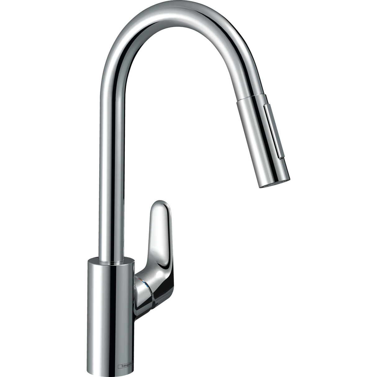 Mitigeur de cuisine Hansgrohe, robinet chromé avec bec haut et douchette extractible.