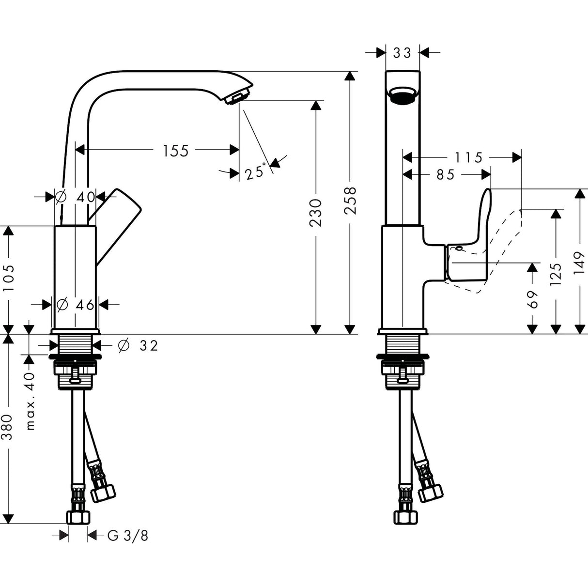 Robinet mitigeur Grohe, couleur chromée, plan technique avec dimensions détaillées.