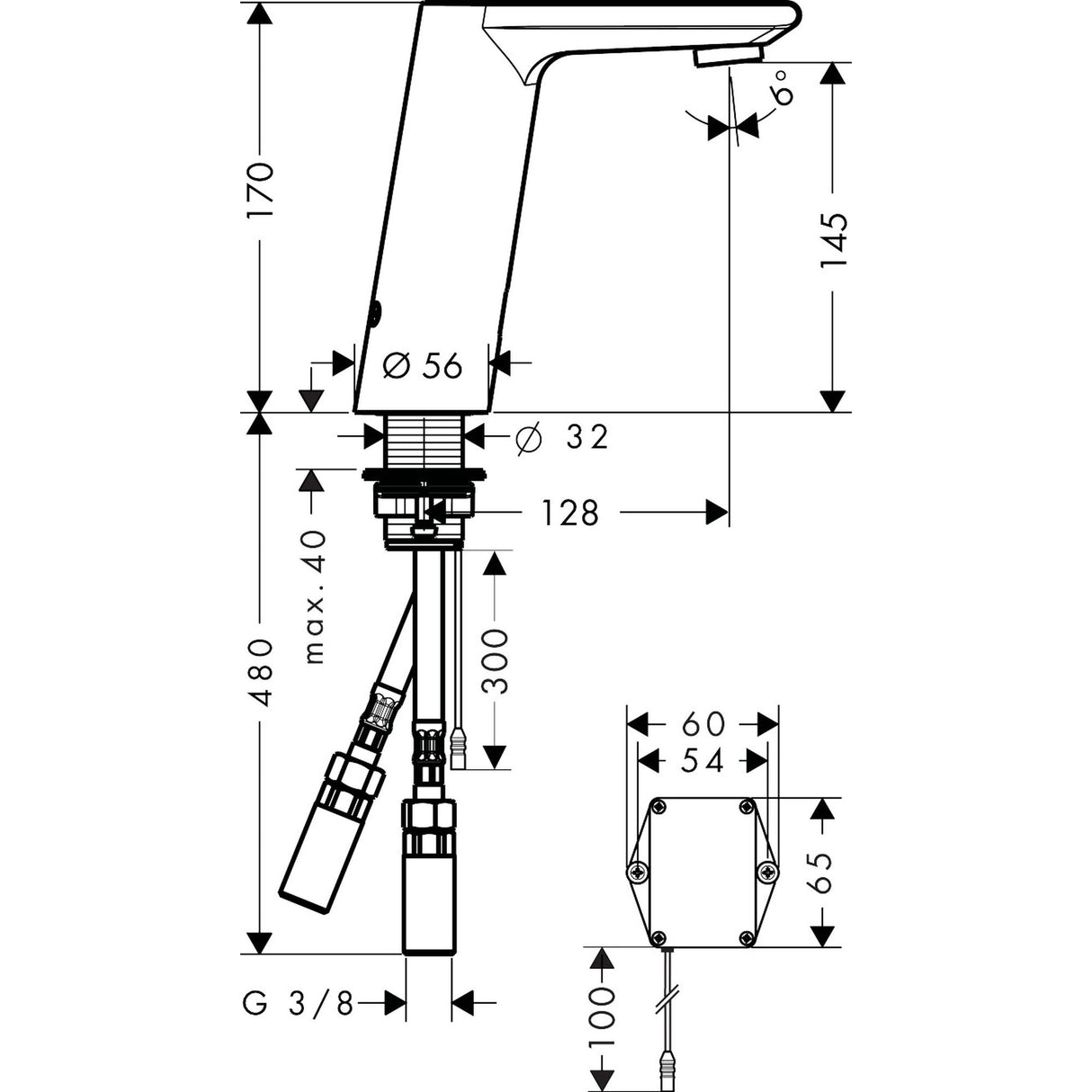 Mitigeur Grohe, robinet lavabo, finition chromée, schéma technique avec dimensions détaillées
