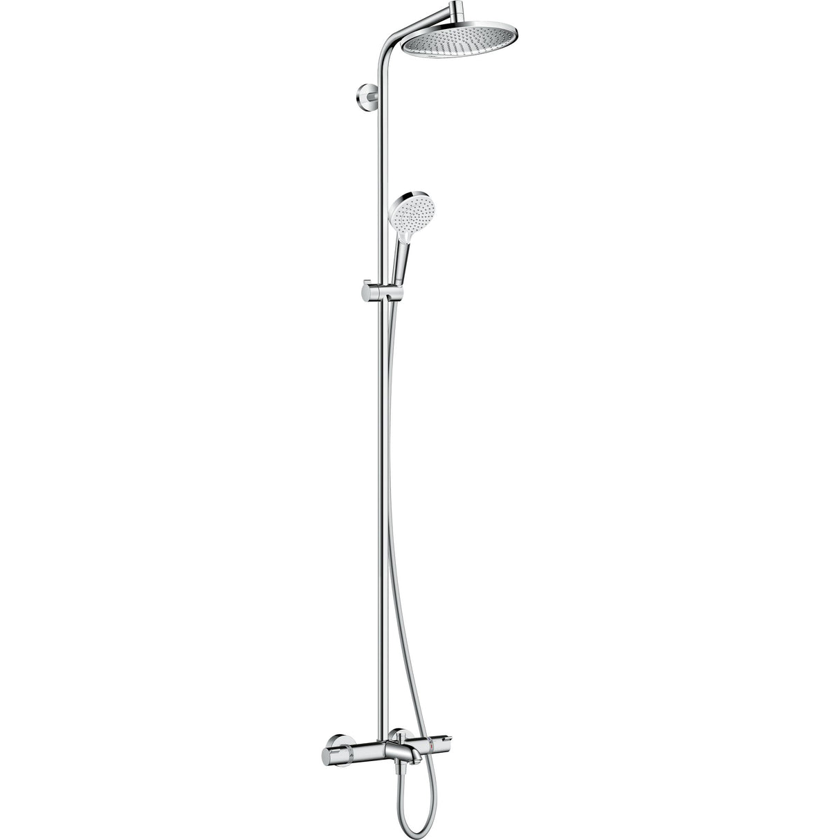 Colonne de douche Grohe chromée, mitigeur thermostatique, pommeau et douchette, couleur argentée.