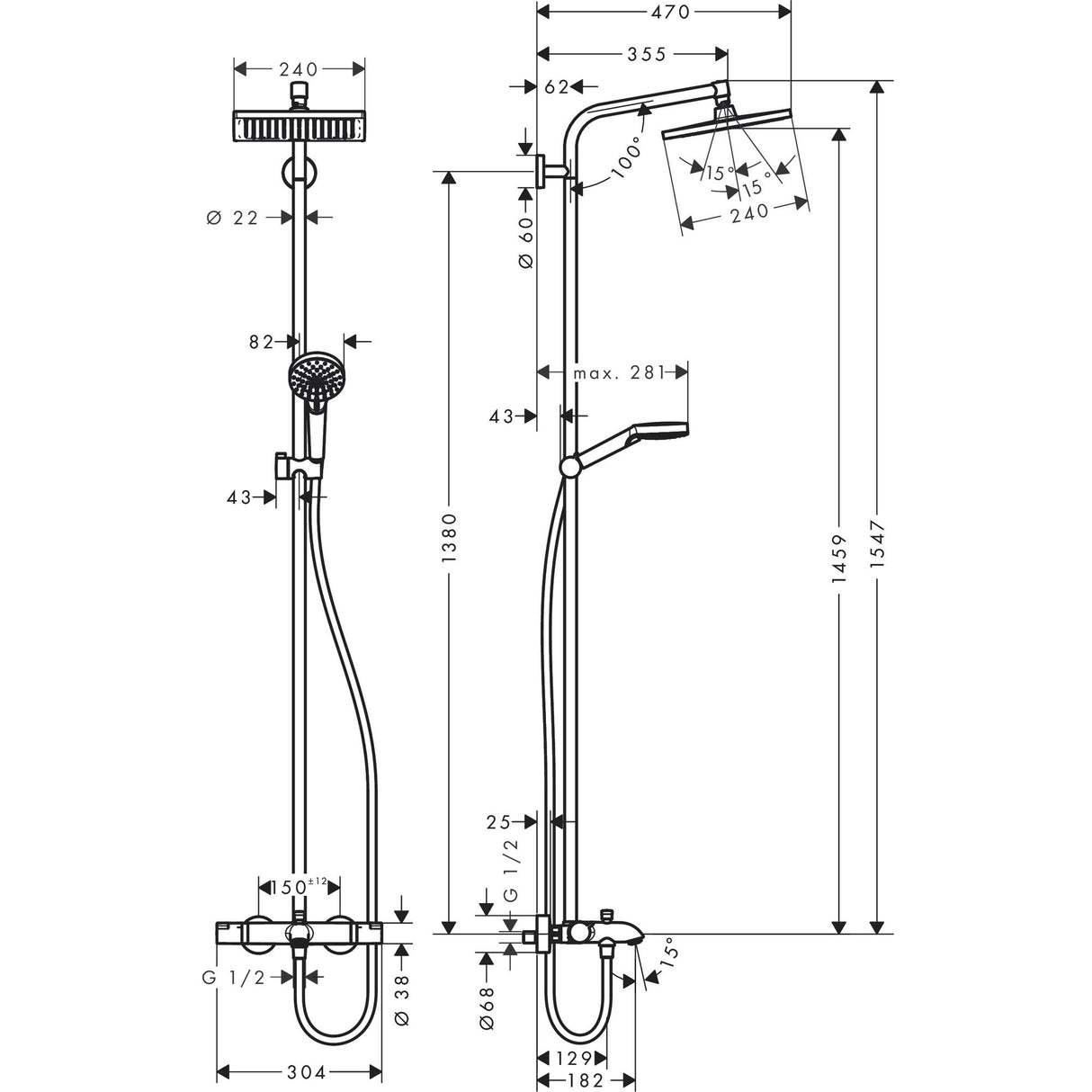 Colonne de douche Grohe en métal chromé, schéma technique avec dimensions détaillées