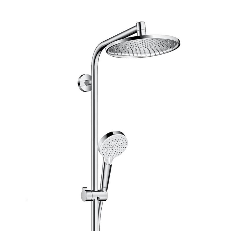 Colonne de douche Grohe chromée avec tête ronde et douchette à main, couleur argentée