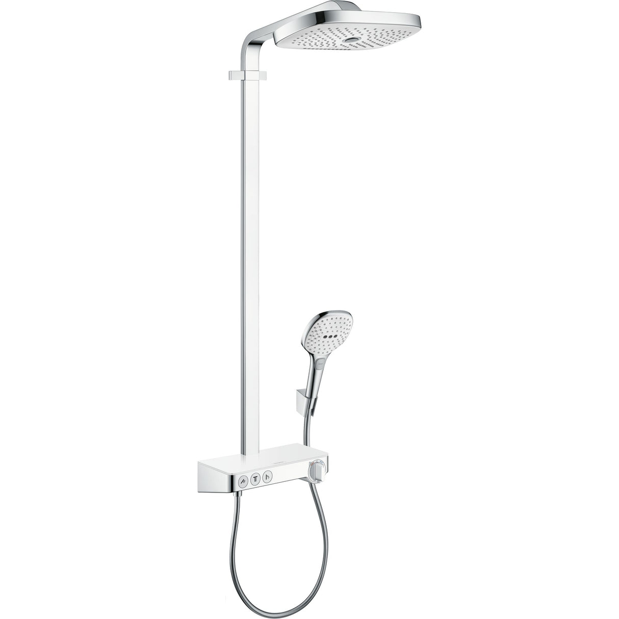 Colonne de douche Hansgrohe, ensemble de douche chromé avec pommeau et tête de douche, couleur argentée.