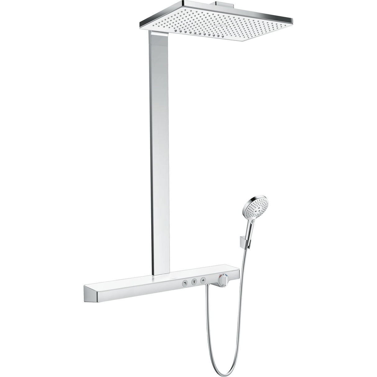 Colonne de douche Hansgrohe, ensemble de douche chromé avec douchette et pomme de tête carrée