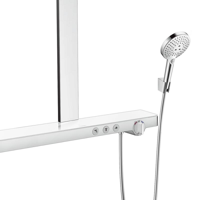 Colonne de douche Grohe chromée, mitigeur thermostatique, design moderne argenté