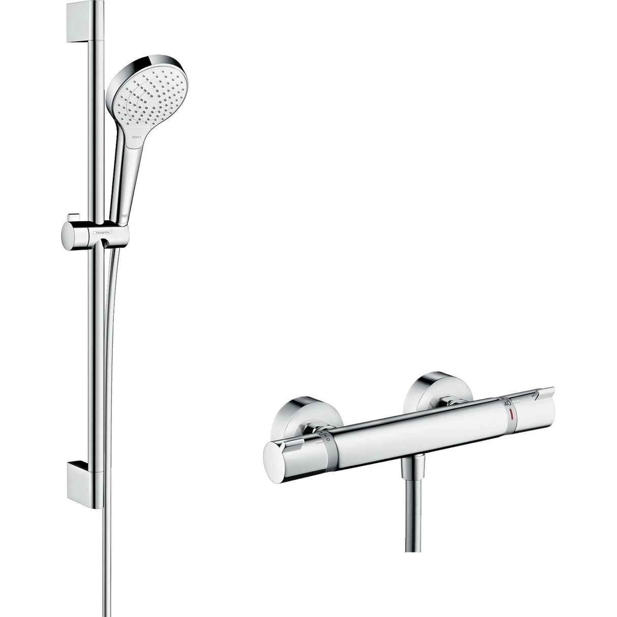 Douchette et mitigeur Hansgrohe, ensemble de douche chromé argenté, design moderne