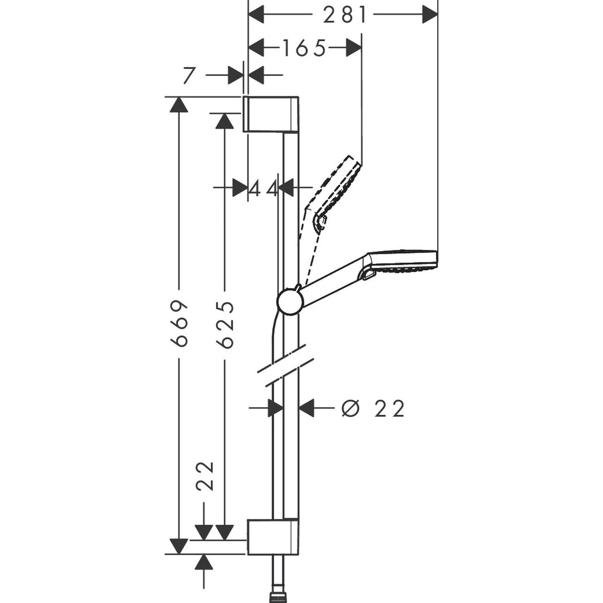 Barre de douche Grohe, accessoire de salle de bain, couleur chrome, schéma technique