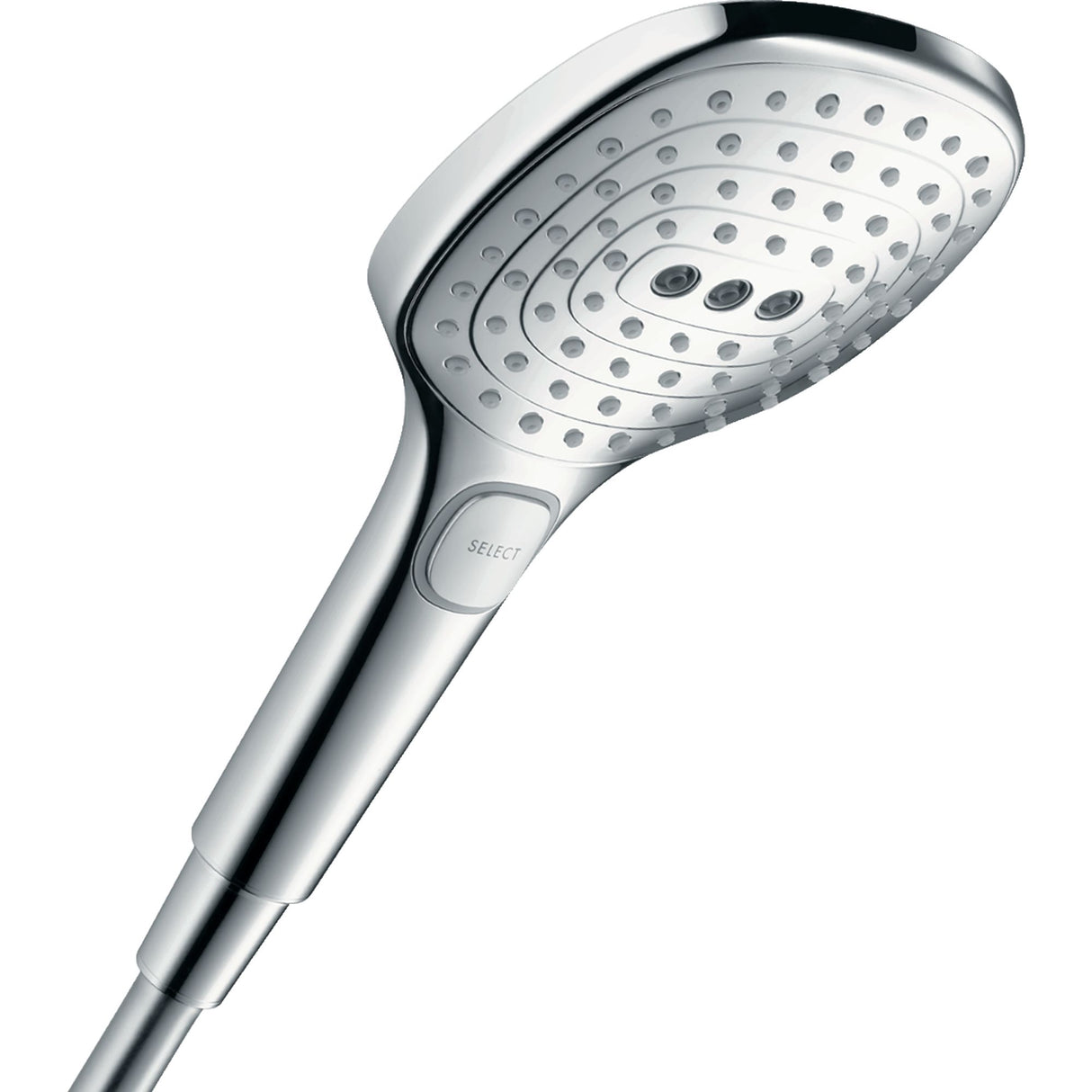 Pommeau de douche Hansgrohe, couleur chromée, design moderne avec bouton SELECT.