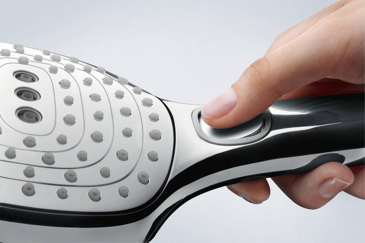 Pommeau de douche Grohe, chromé, bouton ergonomique pour réglage du jet, couleur argent