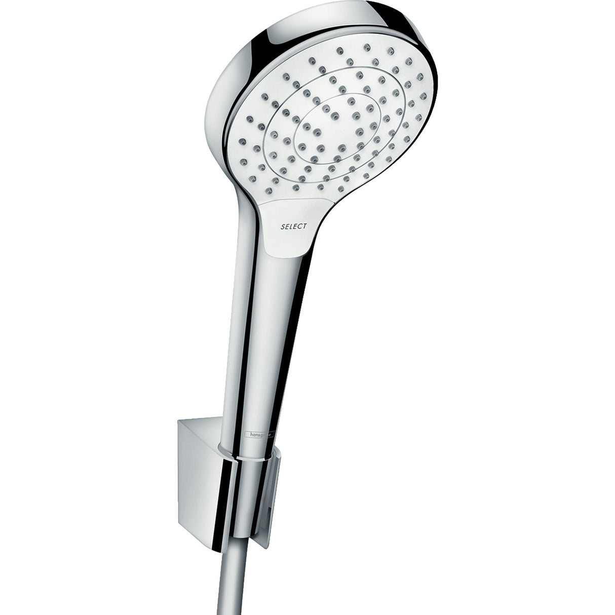 Douchette Hansgrohe, type pommeau de douche, couleur chromée et blanche, fixation murale.