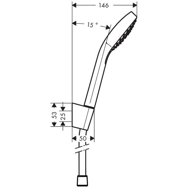 Douchette Grohe, main, chrome, schéma technique avec cotes visibles.