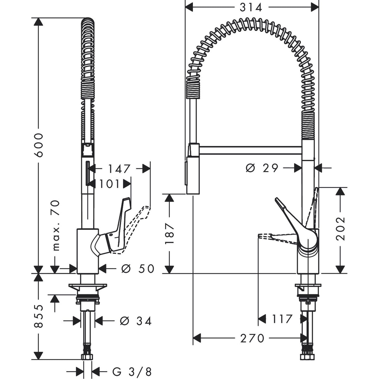 Mitigeur de cuisine Grohe, robinet inox avec bec flexible et dimensions détaillées en noir.