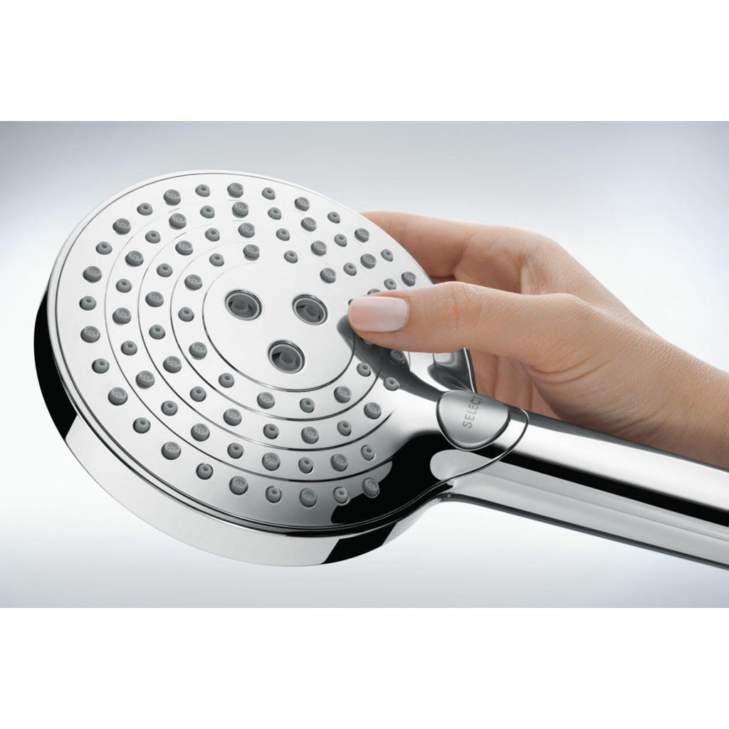 Douchette Hansgrohe, chromée, pommeau de douche ronde avec bouton Select.