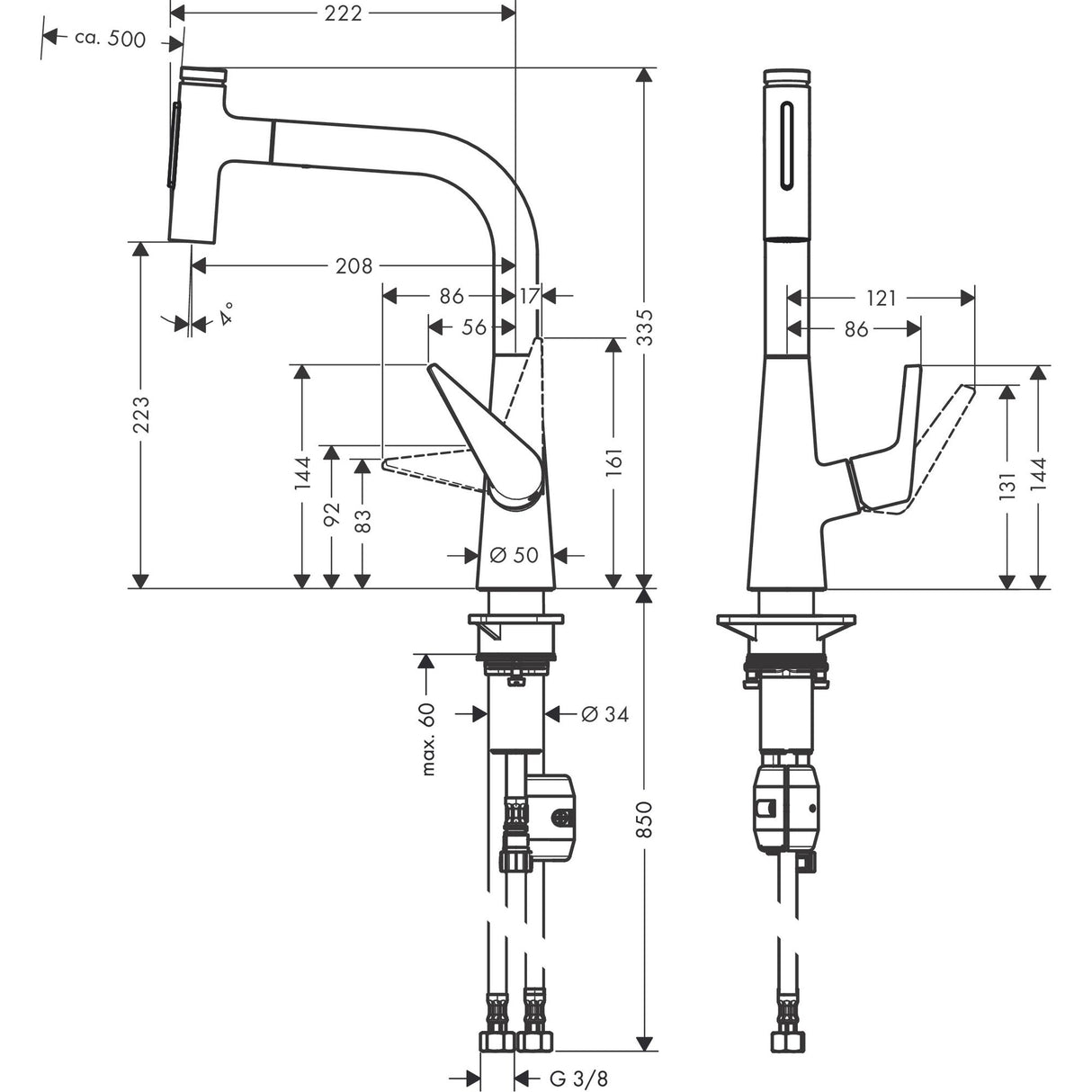 Plan technique mitigeur Grohe, robinet de cuisine, chromé, avec dimensions détaillées.