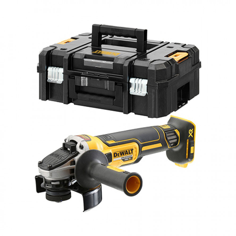 Meuleuse d'angle sans fil DeWALT, noire et jaune, avec coffret de transport.