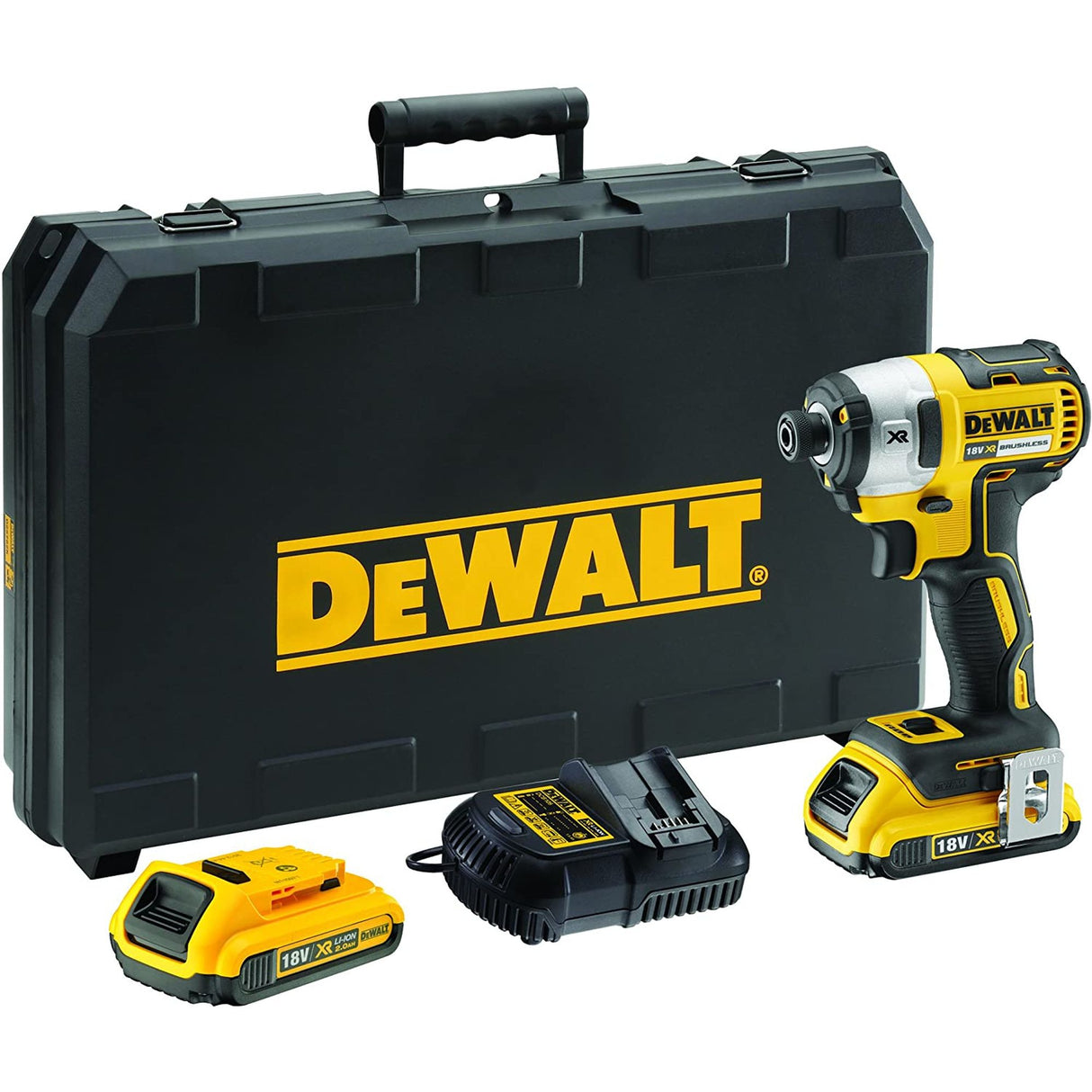 Visseuse à choc DeWALT, jaune et noire, avec mallette, batterie et chargeur.