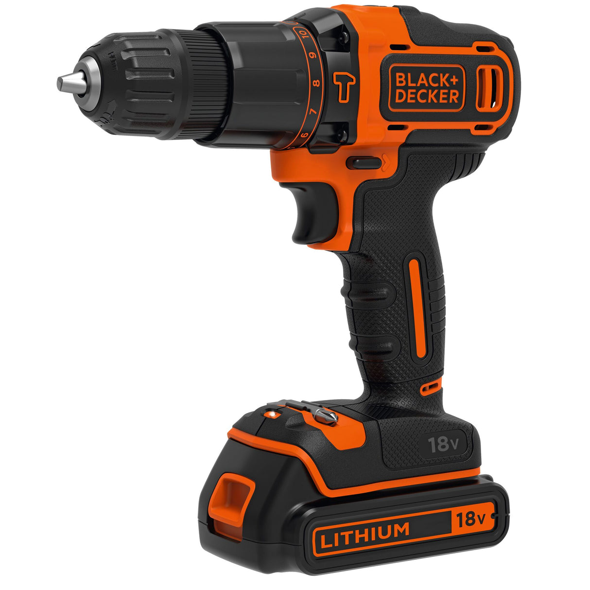 Perceuse-visseuse Black+Decker sans fil couleur noire et orange, 18V lithium.