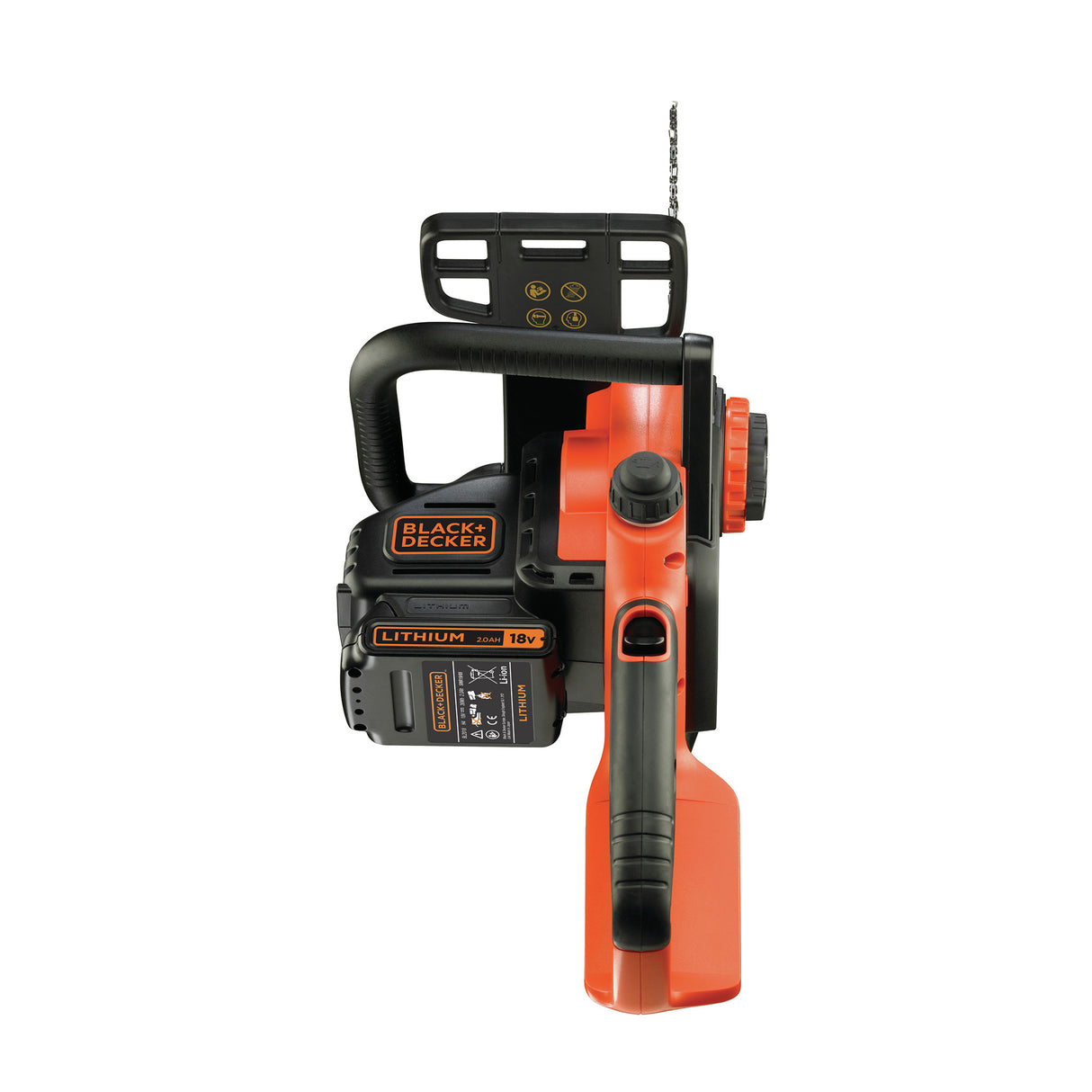 Tronçonneuse Black+Decker sans fil, couleur orange et noire, vue latérale.
