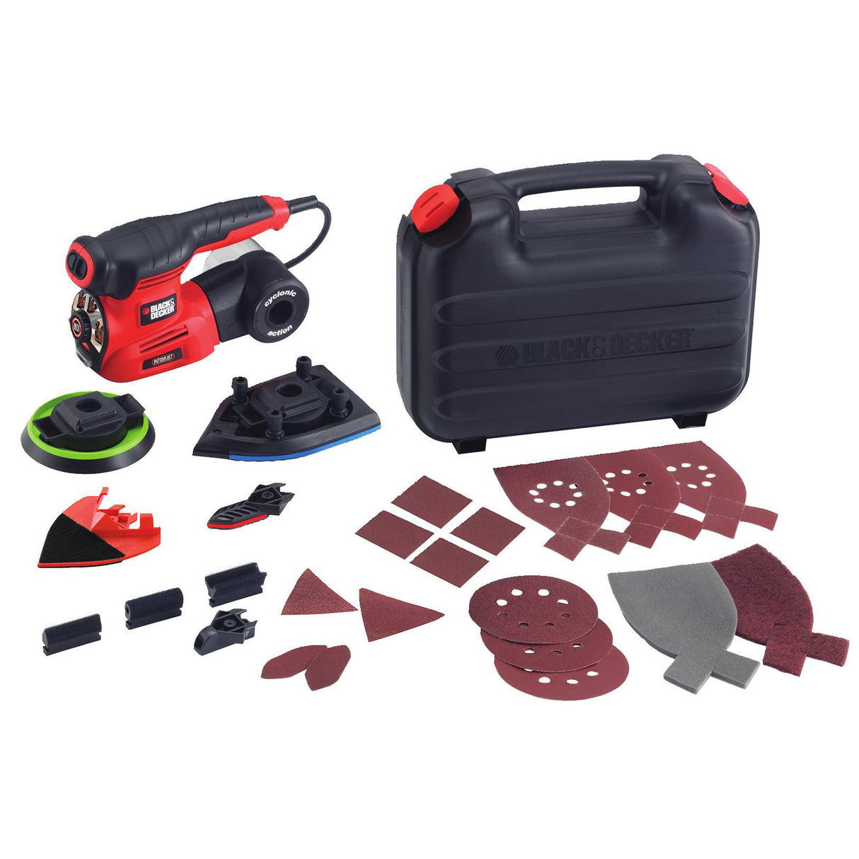 Ponceuse multifonction Black & Decker rouge et noire avec accessoires et mallette noire