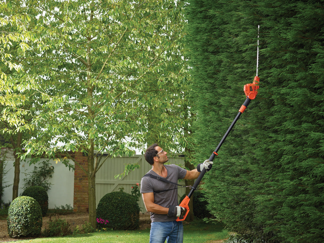 Taille-haie télescopique Black+Decker orange utilisé pour tailler une haie verte