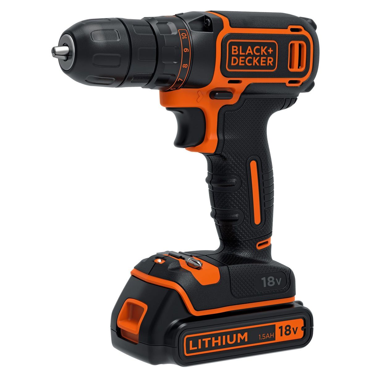 Perceuse sans fil BLACK+DECKER, couleur noire et orange, batterie lithium 18V.