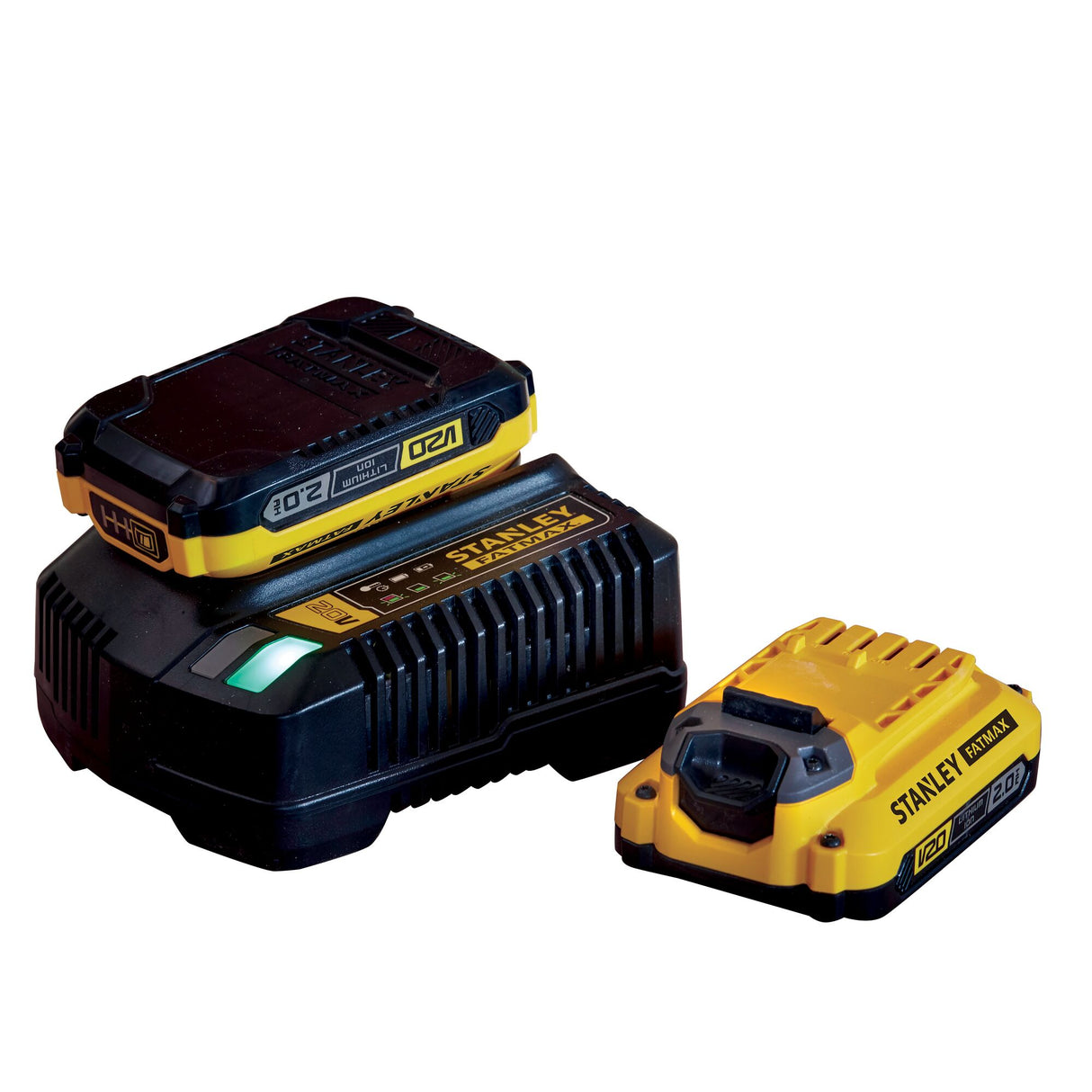 Batterie Stanley Fatmax, type batterie d’outillage, couleur jaune et noire.