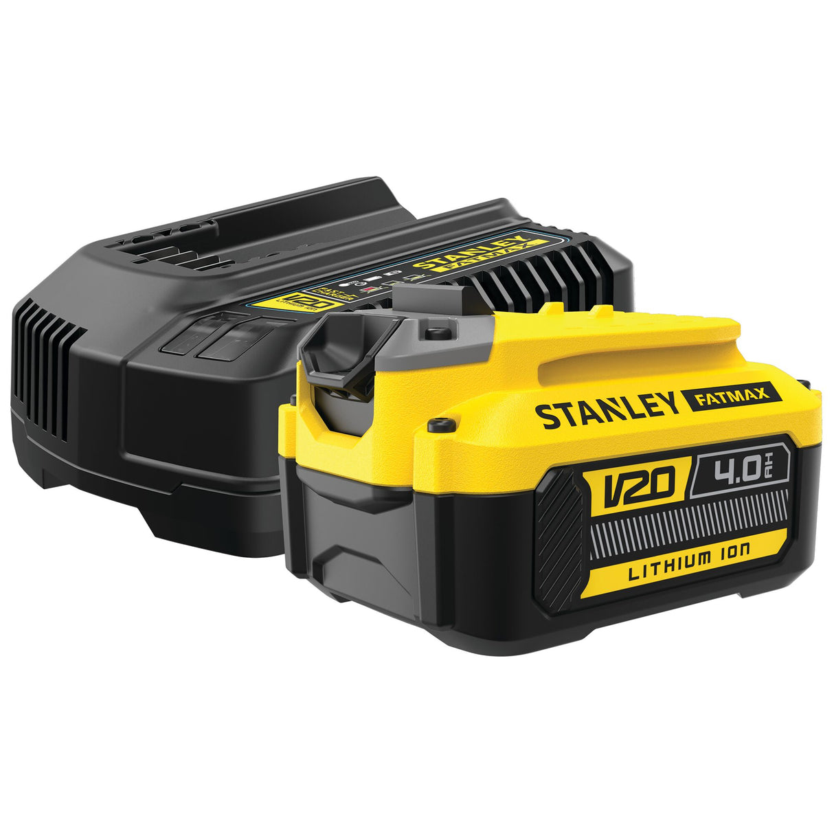 Batterie Stanley Fatmax V20 lithium ion jaune et noire avec chargeur, type outillage électrique.