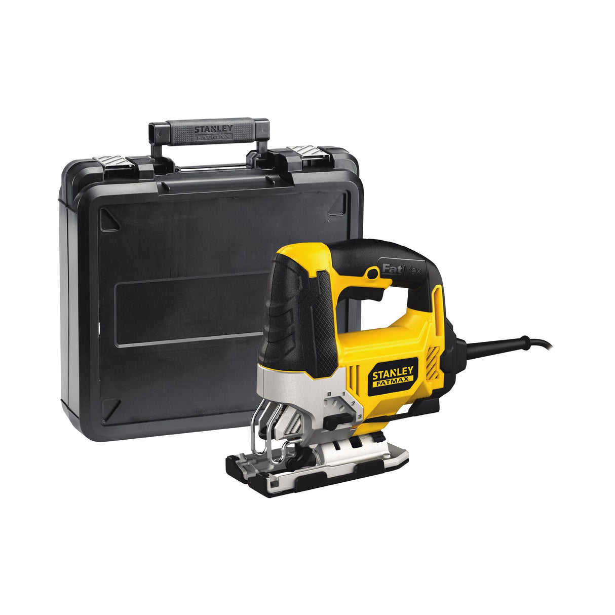 Scie sauteuse Stanley Fatmax, outil électroportatif jaune et noir avec coffret de rangement.
