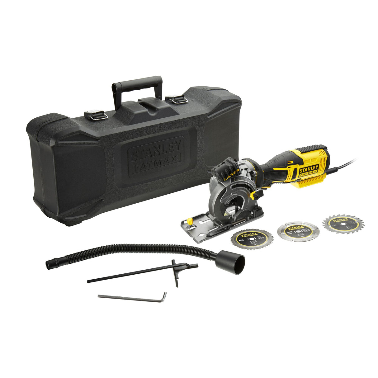Scie circulaire électrique Stanley Fatmax jaune et noire avec accessoires et coffret de transport