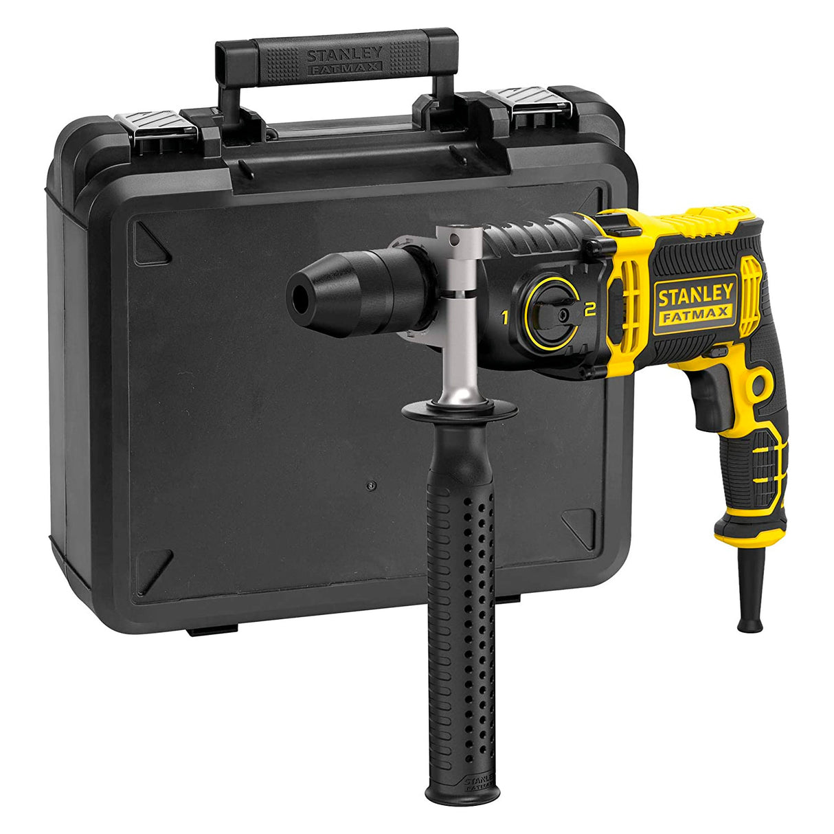Perforateur Stanley Fatmax, outil électroportatif jaune et noir, avec mallette de transport.