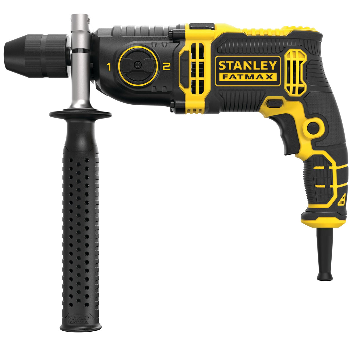 Perceuse Stanley, type FATMAX, couleur jaune et noire, avec poignée latérale.