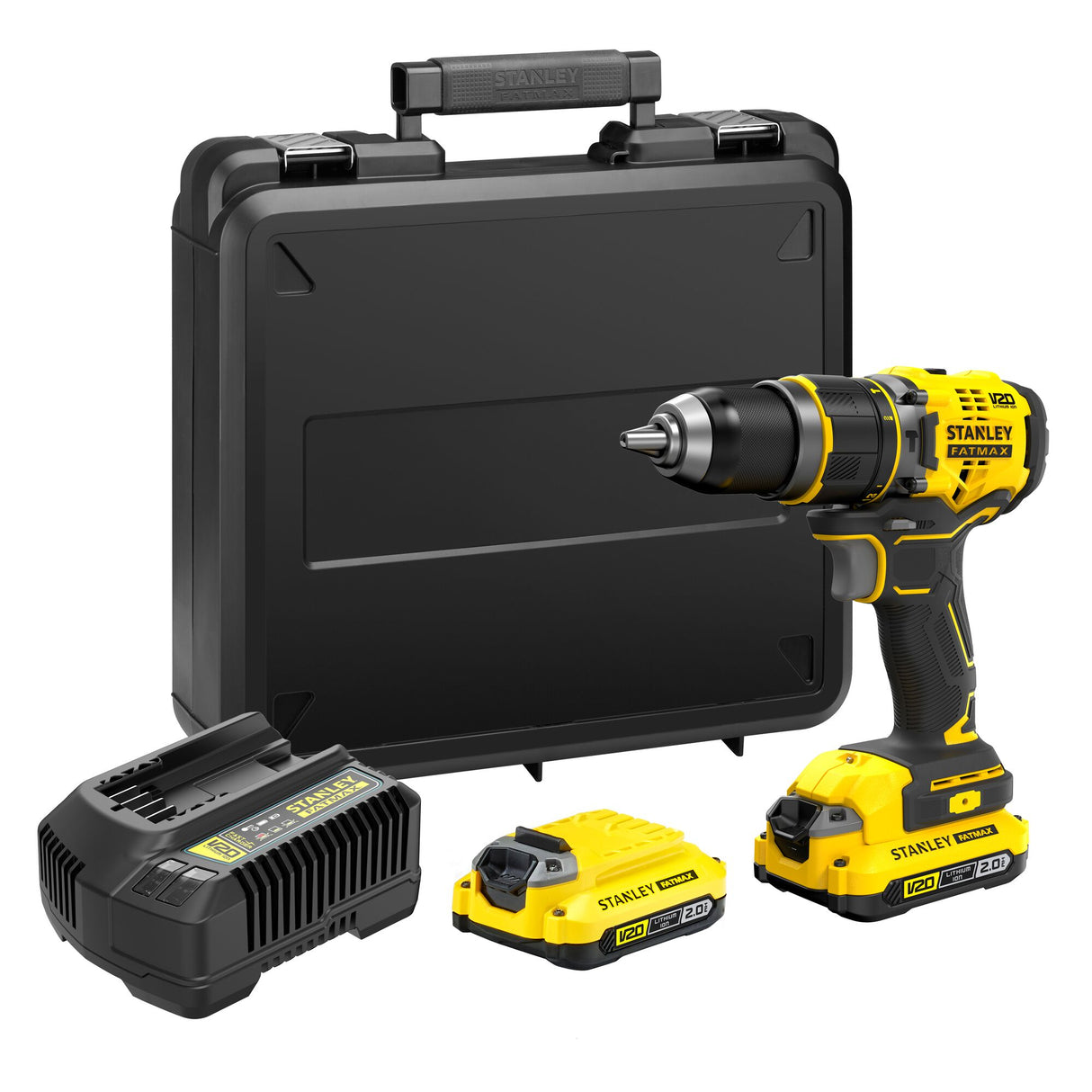 Perceuse-visseuse Stanley jaune et noire avec batterie, chargeur et mallette