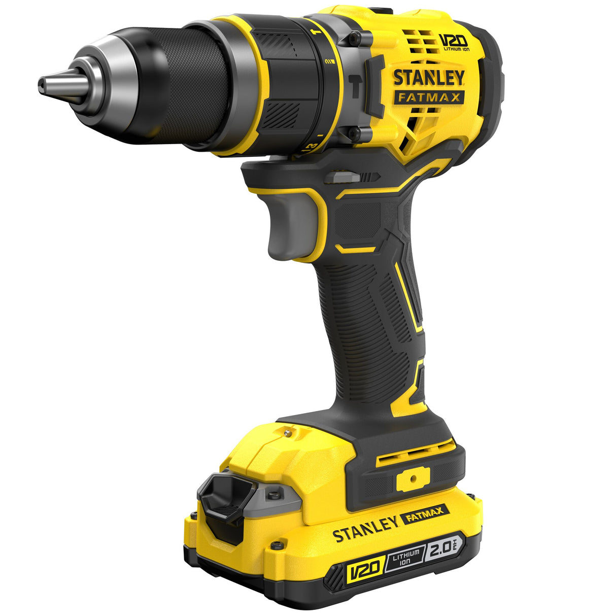 Perceuse visseuse sans fil Stanley Fatmax jaune et noire, outil électroportatif professionnel.