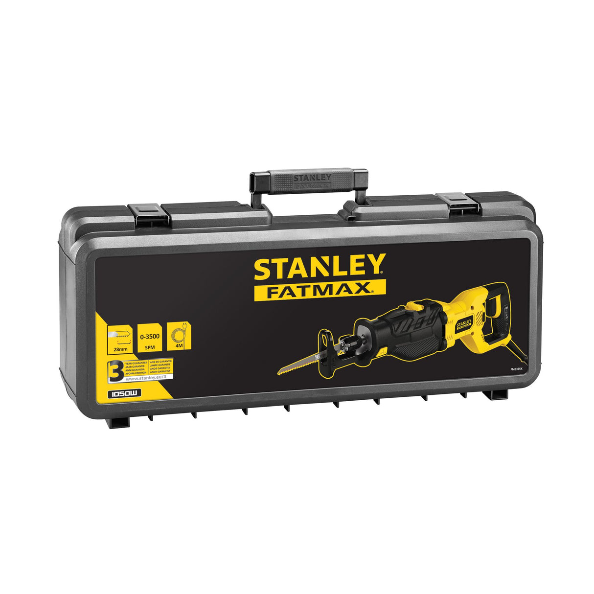 Malette noire contenant une scie sabre électrique jaune Stanley Fatmax, outil électroportatif.