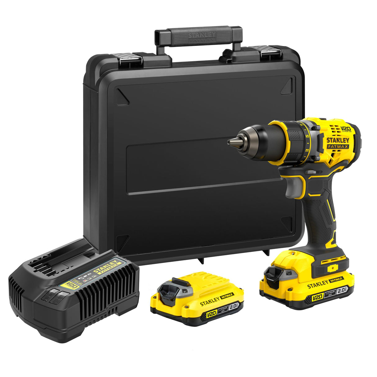 Perceuse-visseuse Stanley Fatmax, jaune et noire, avec coffret, batteries et chargeur