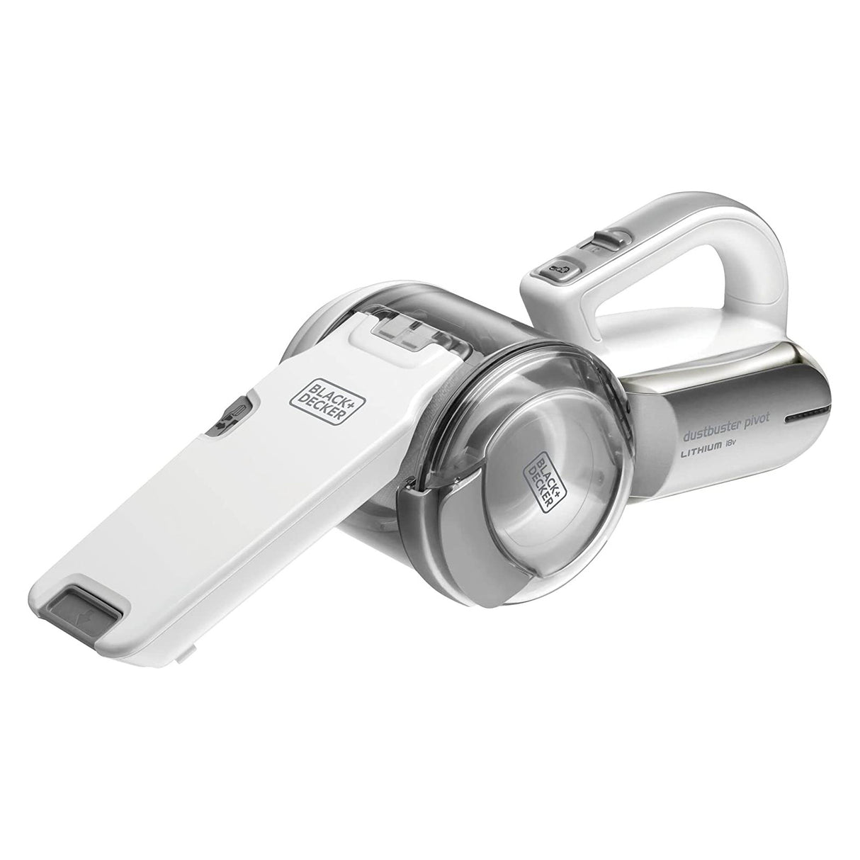 Aspirateur à main Black+Decker Dustbuster Pivot blanc et gris, compact et sans fil.