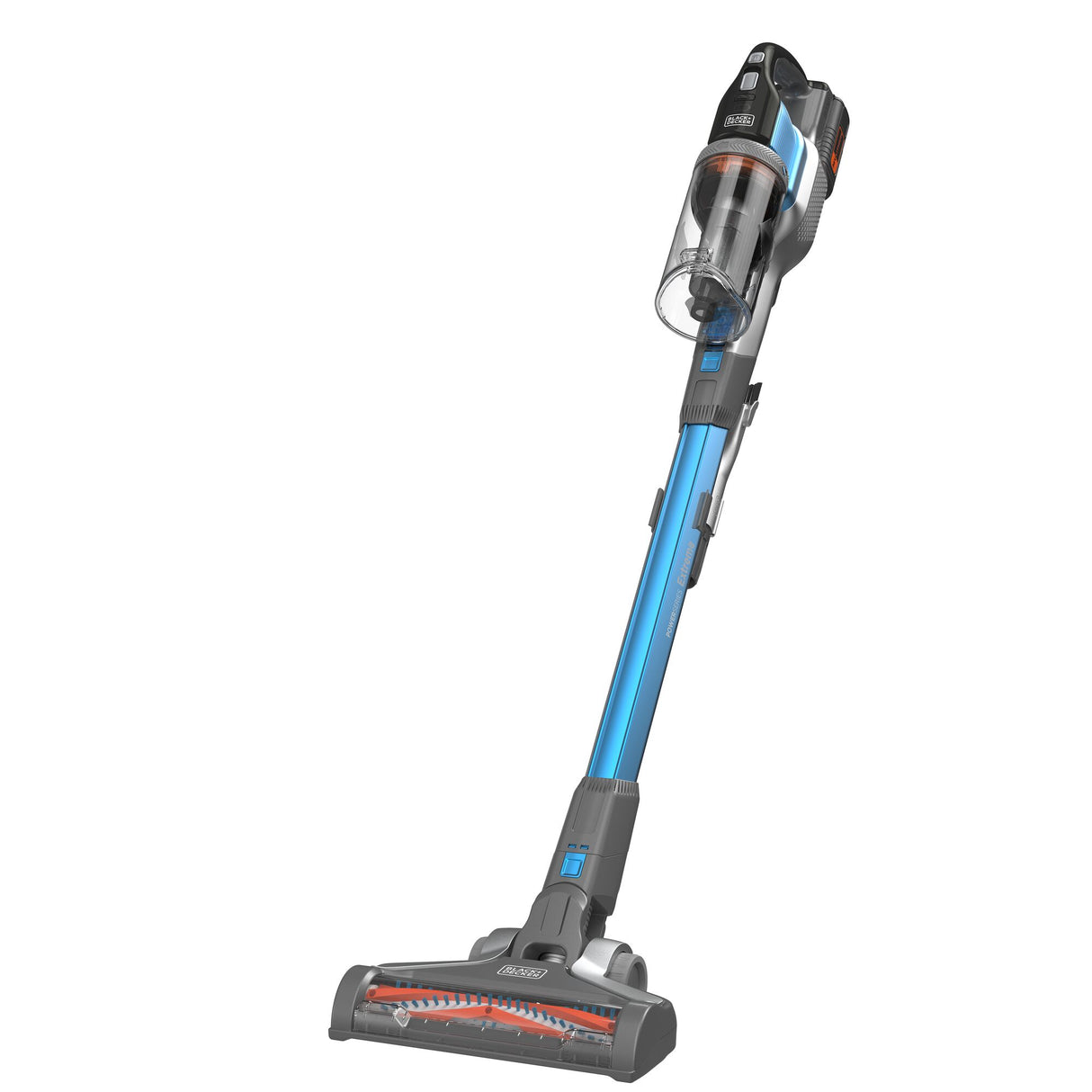 Aspirateur balai Black+Decker sans fil, bleu et noir, design moderne en vue inclinée