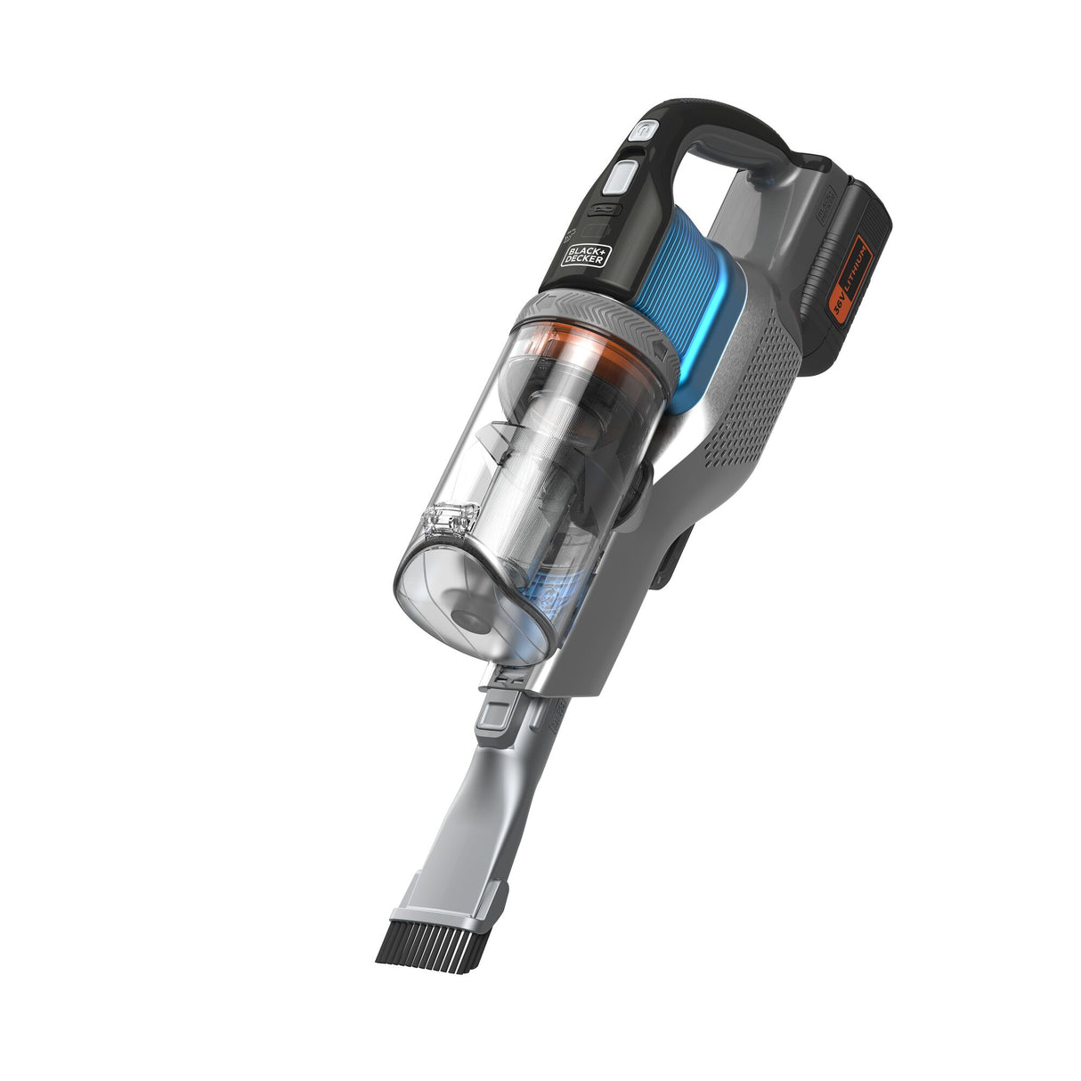 Aspirateur à main Black+Decker, sans fil, gris et bleu, vue sur fond blanc.