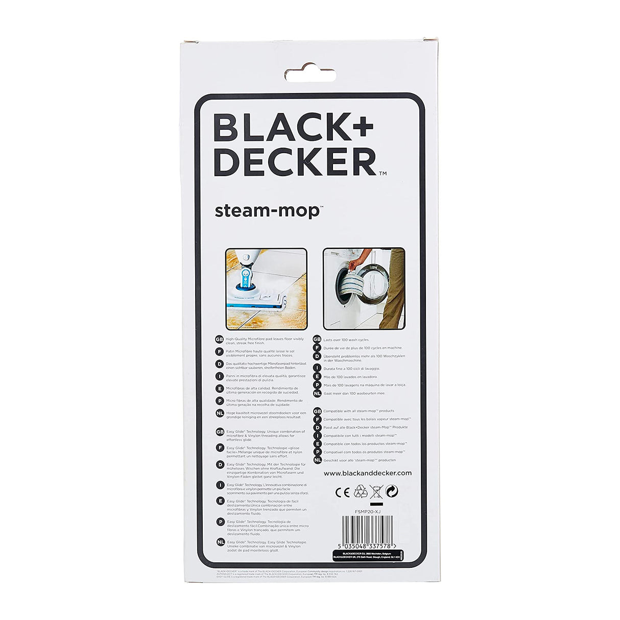 Boîte du balai vapeur blanc Black+Decker, avec instructions et photos du produit.