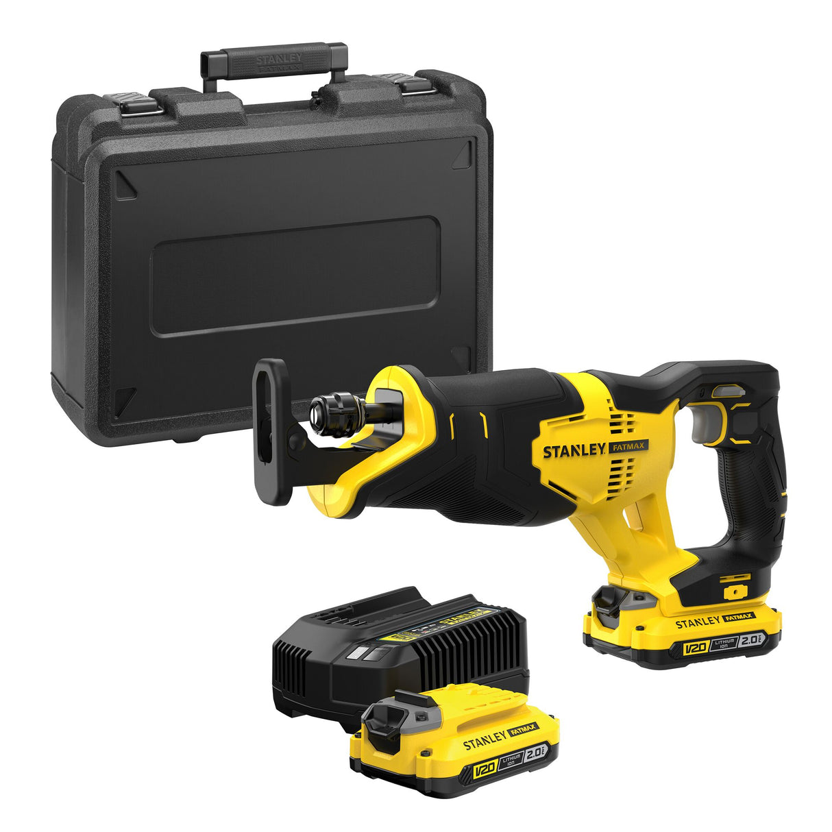 Scie sabre Stanley Fatmax, outil électroportatif jaune et noir avec batterie et coffret.