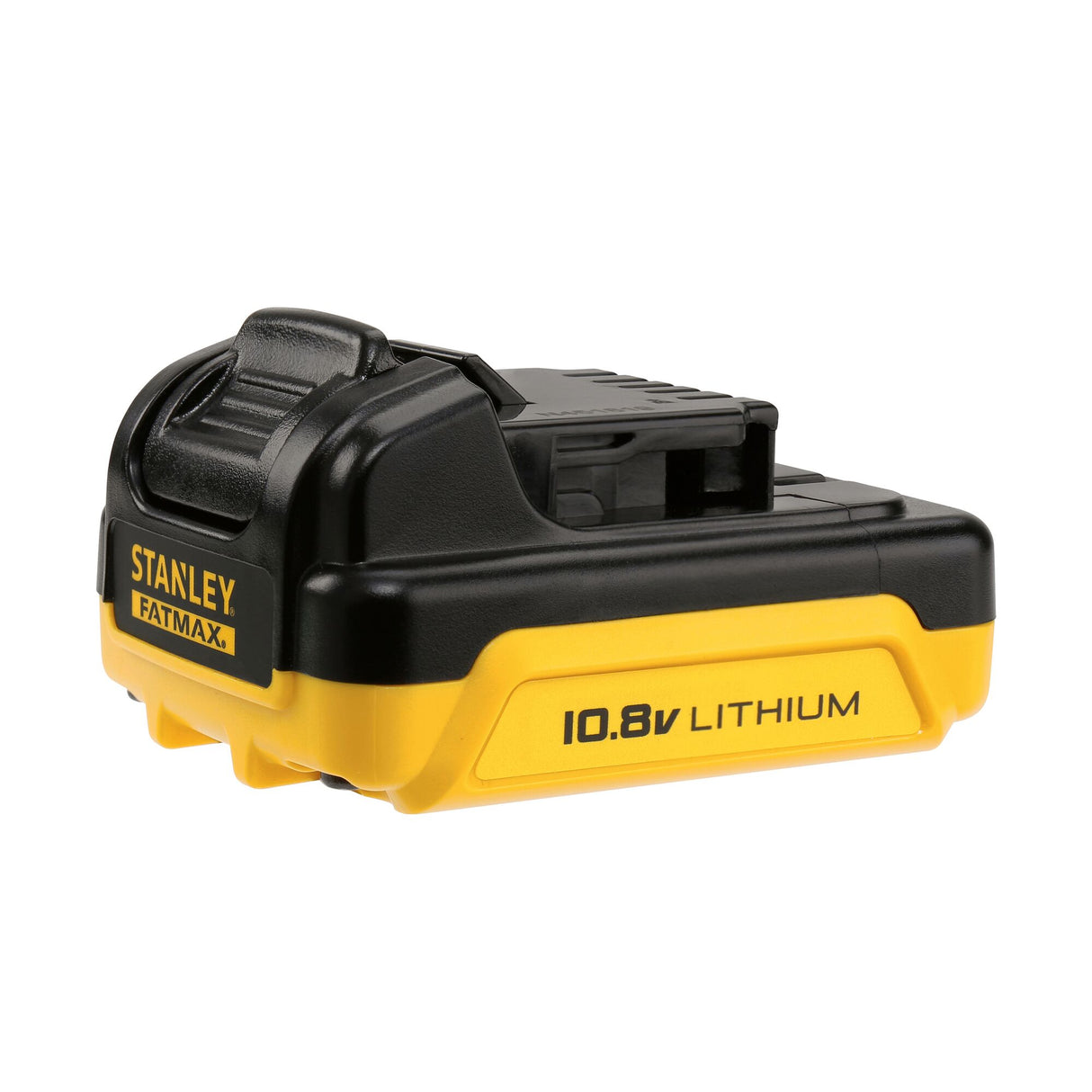 Batterie Stanley Fatmax, type lithium 10.8V, couleur jaune et noire.