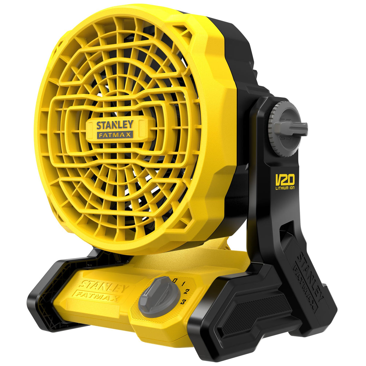 Ventilateur portable Stanley Fatmax, couleur jaune et noir, type V20 lithium ion.