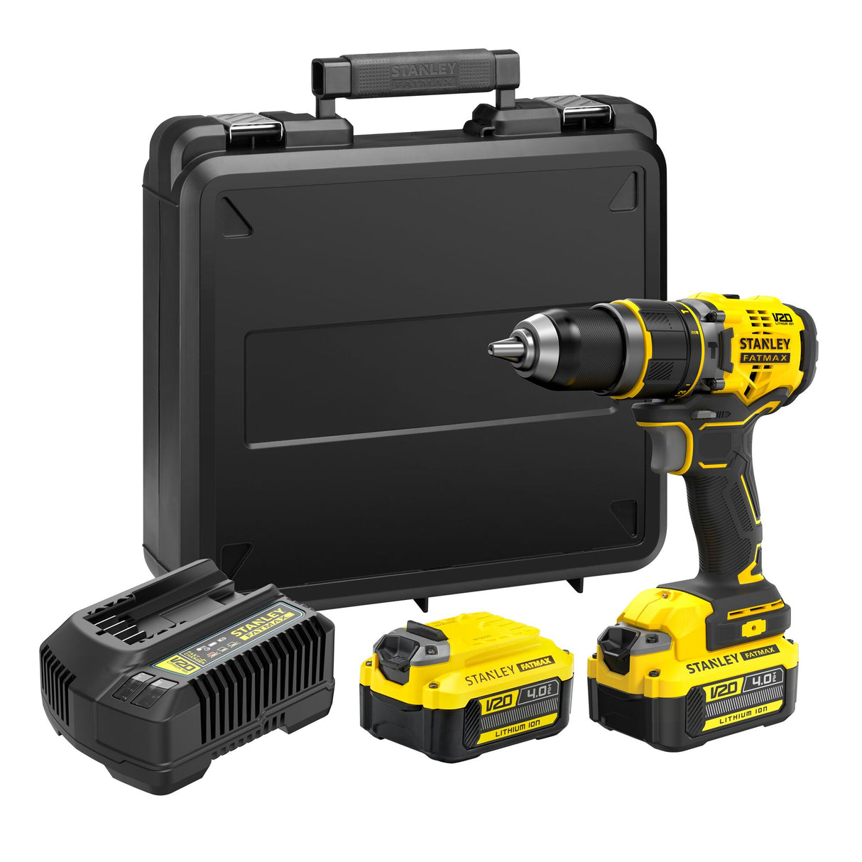 Perceuse-visseuse sans fil Stanley, couleur jaune et noire, avec deux batteries, chargeur et mallette.
