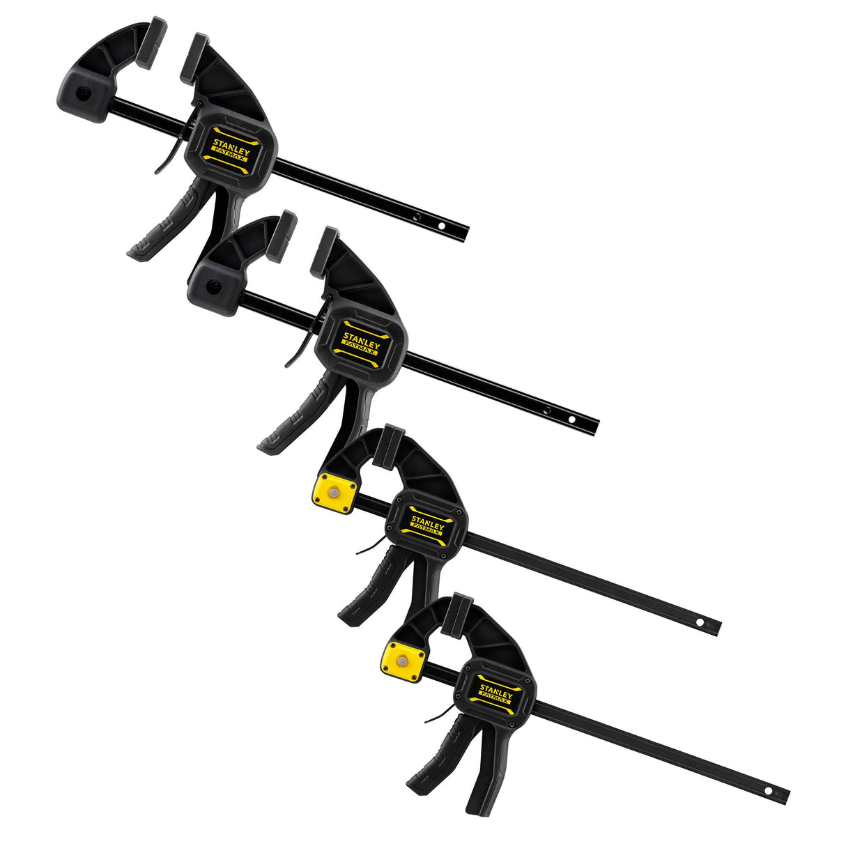 Lot de serre-joints de marque Stanley, outil noir avec détails jaunes pour bricolage.