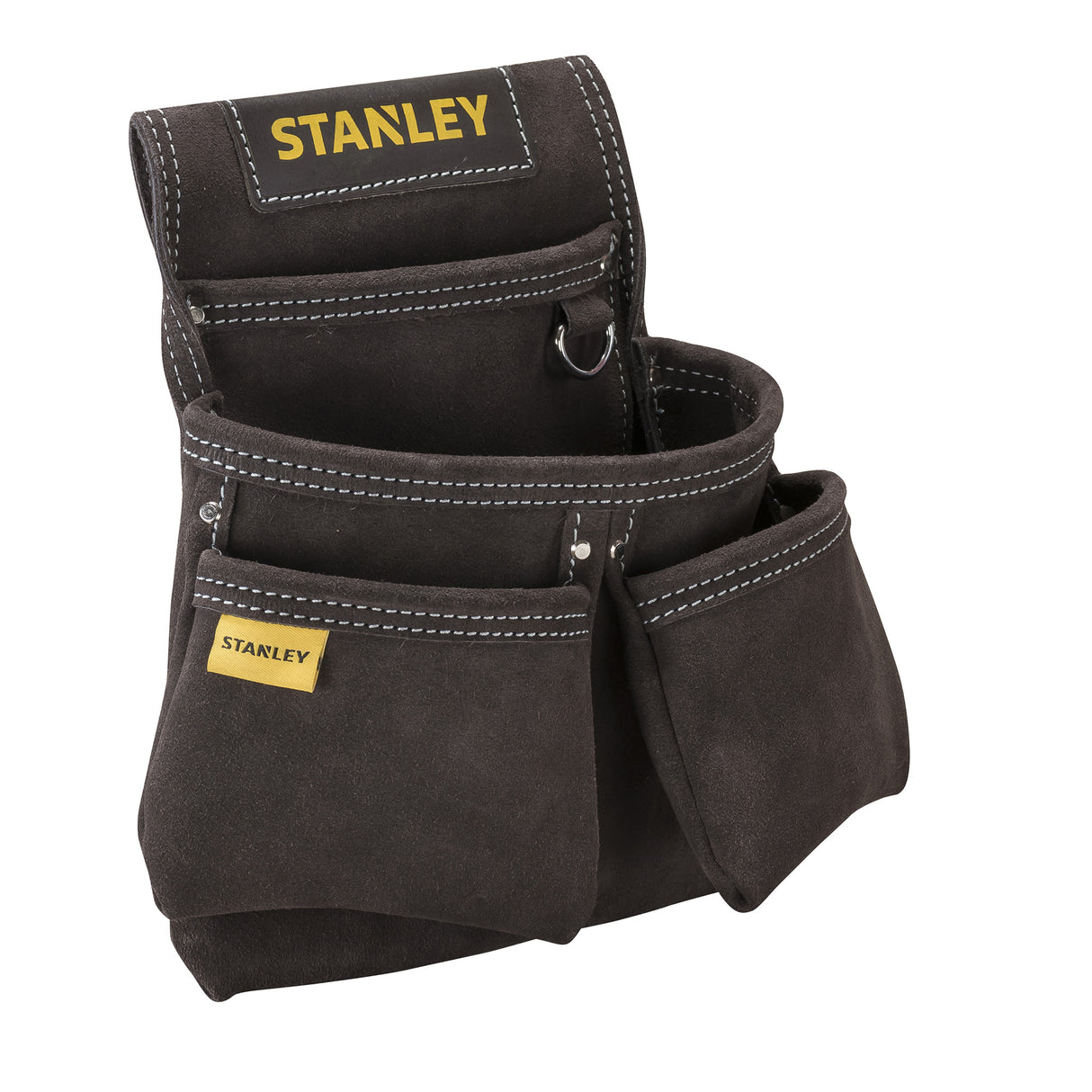 Porte-outils Stanley en cuir marron, plusieurs poches, pour outillage.