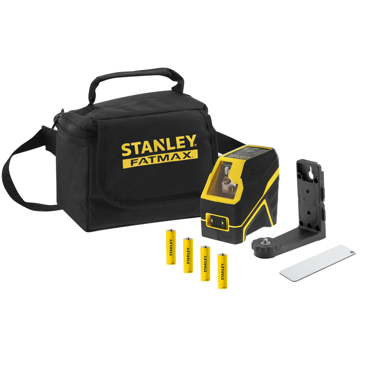Niveau laser Stanley, couleur jaune et noir, avec accessoires et sac de transport.