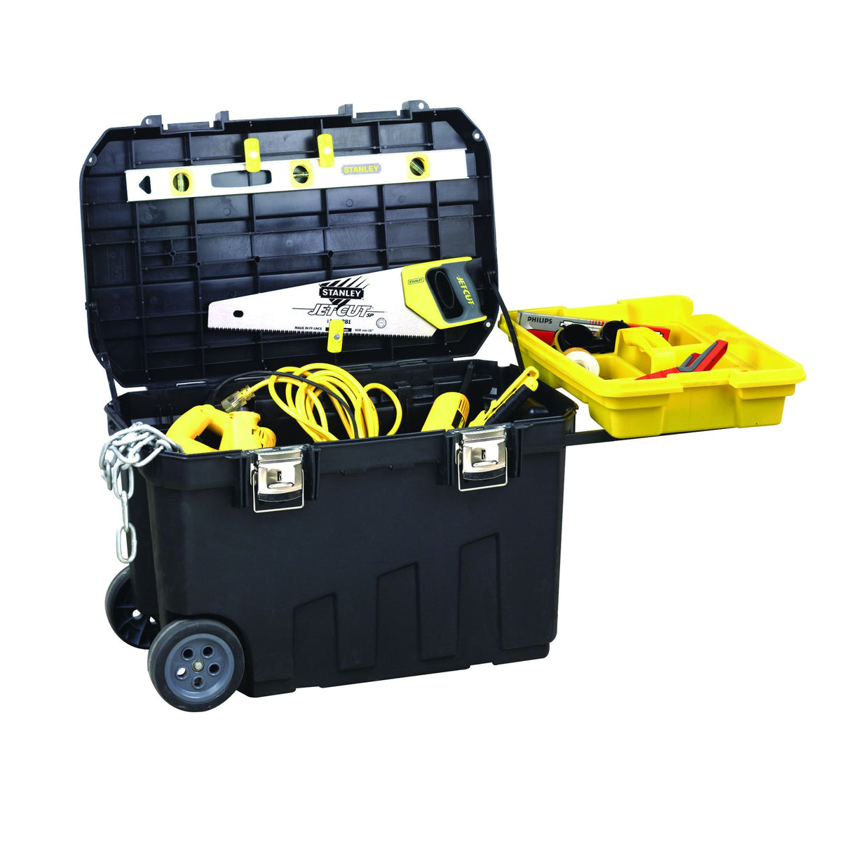 Caisse à outils Stanley noire et jaune avec roulettes, remplie d’outils divers.